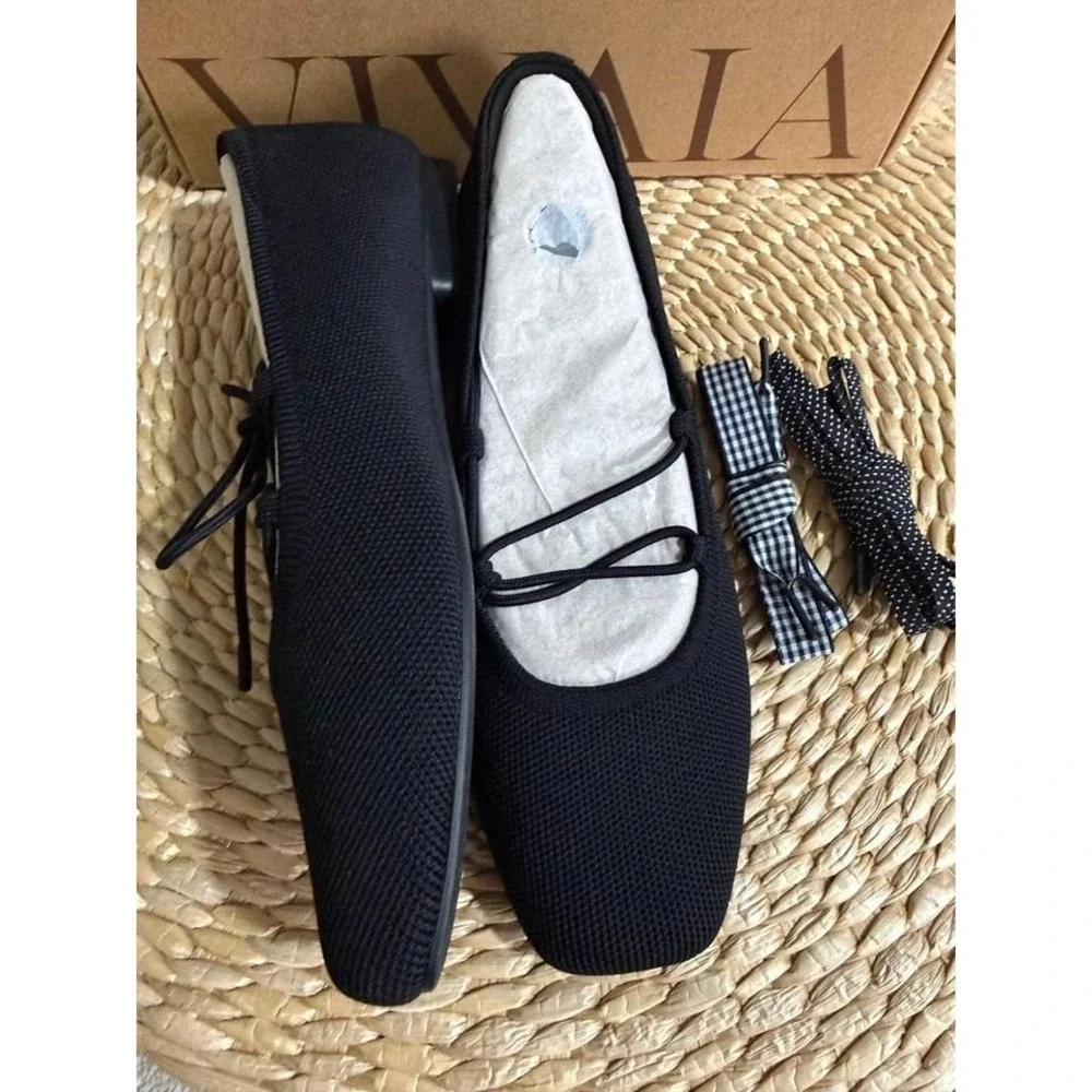 Vivaia Miley Black Square Toe Knit Ballet Flats Lace Up Shoes EU/39.5 US/8.5